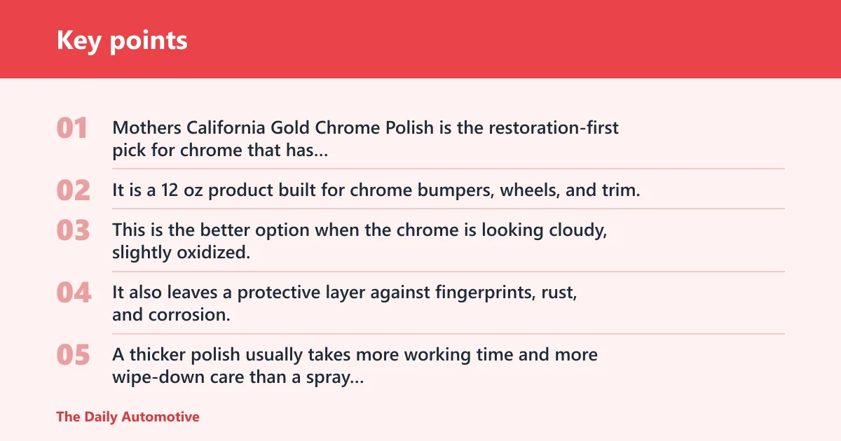 Key points: Mothers California Gold Chrome Polish: best for restoration