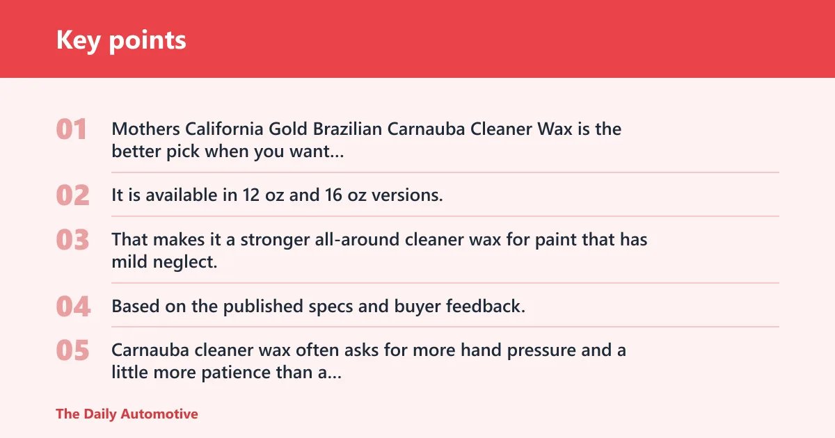 Key points: Mothers California Gold Brazilian Carnauba Cleaner Wax: best for warm gloss