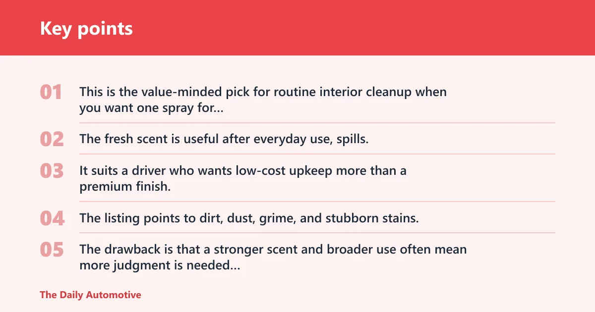 Key points: Armor All Multi-Purpose Car Cleaner Spray: best for budget daily cleaning