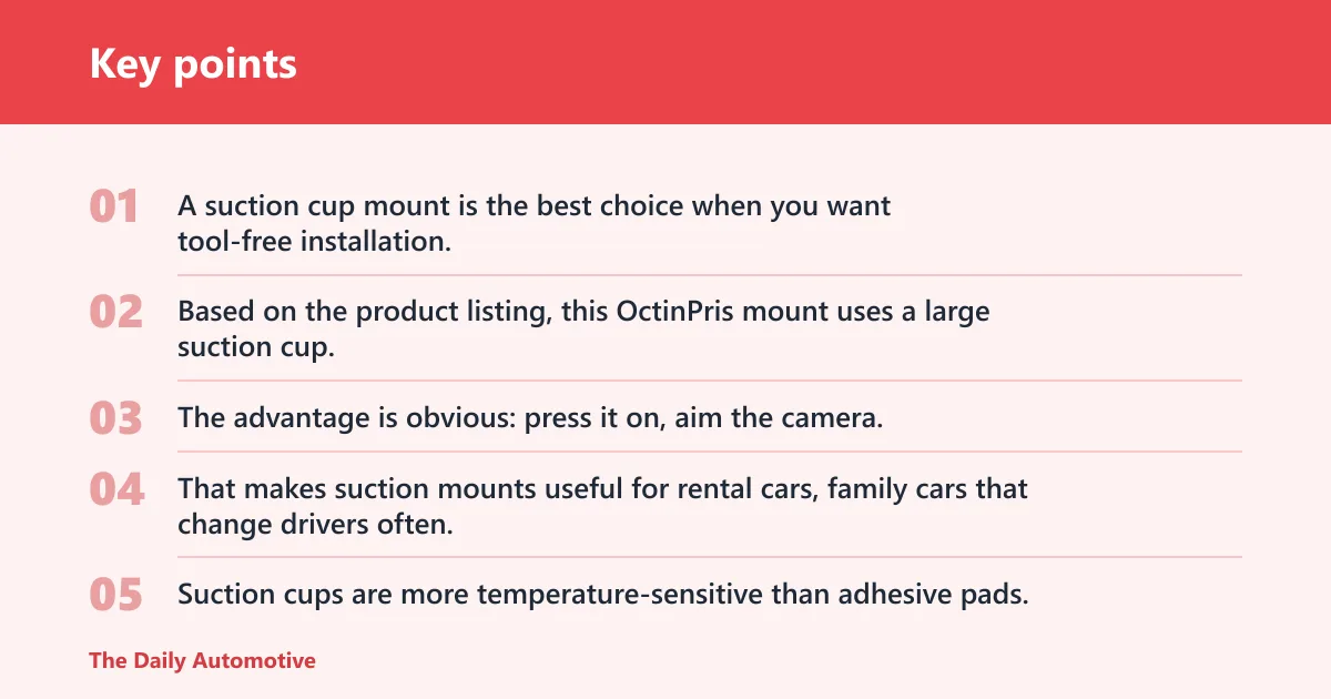 Key points: Suction cup mount: best for temporary use
