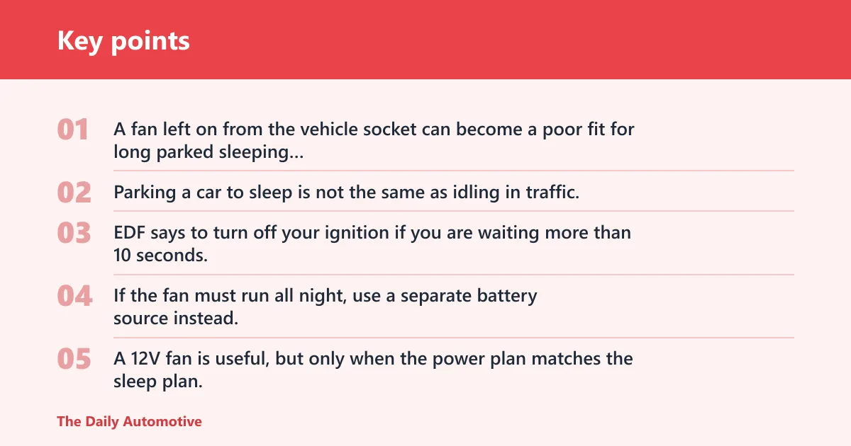 Key points: 12V cigarette-lighter fan: best for continuous power