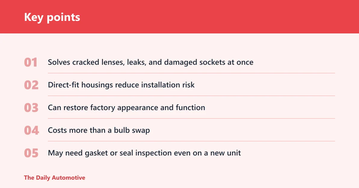 Key points: OEM-style replacement assemblies: best for failed housings