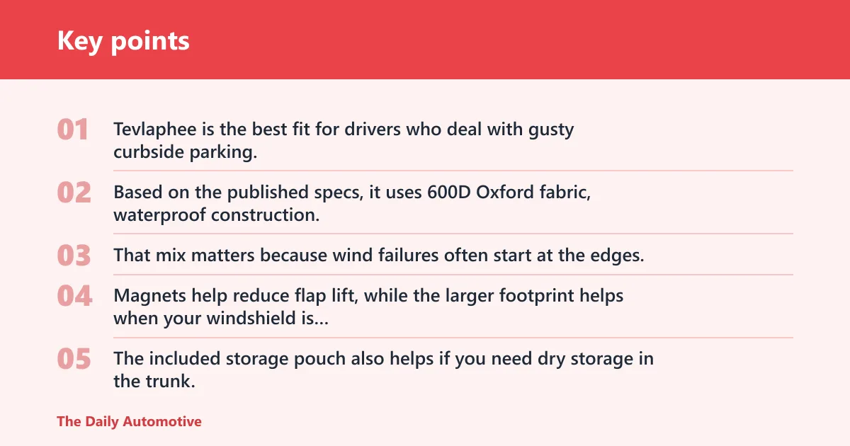 Key points: Tevlaphee: best for windy parking
