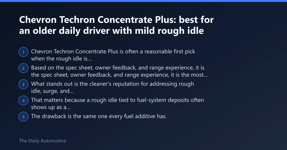 Steps: Chevron Techron Concentrate Plus: best for an older daily driver with mild rough idle