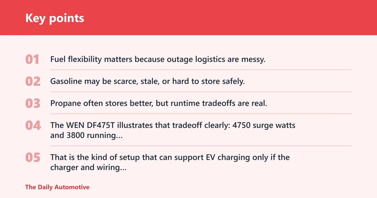 Key points: Dual-fuel generator: best for outage charging