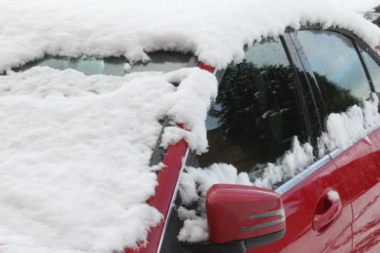 Three car ice scrapers on a frosty hood beside a sedan in cold morning light