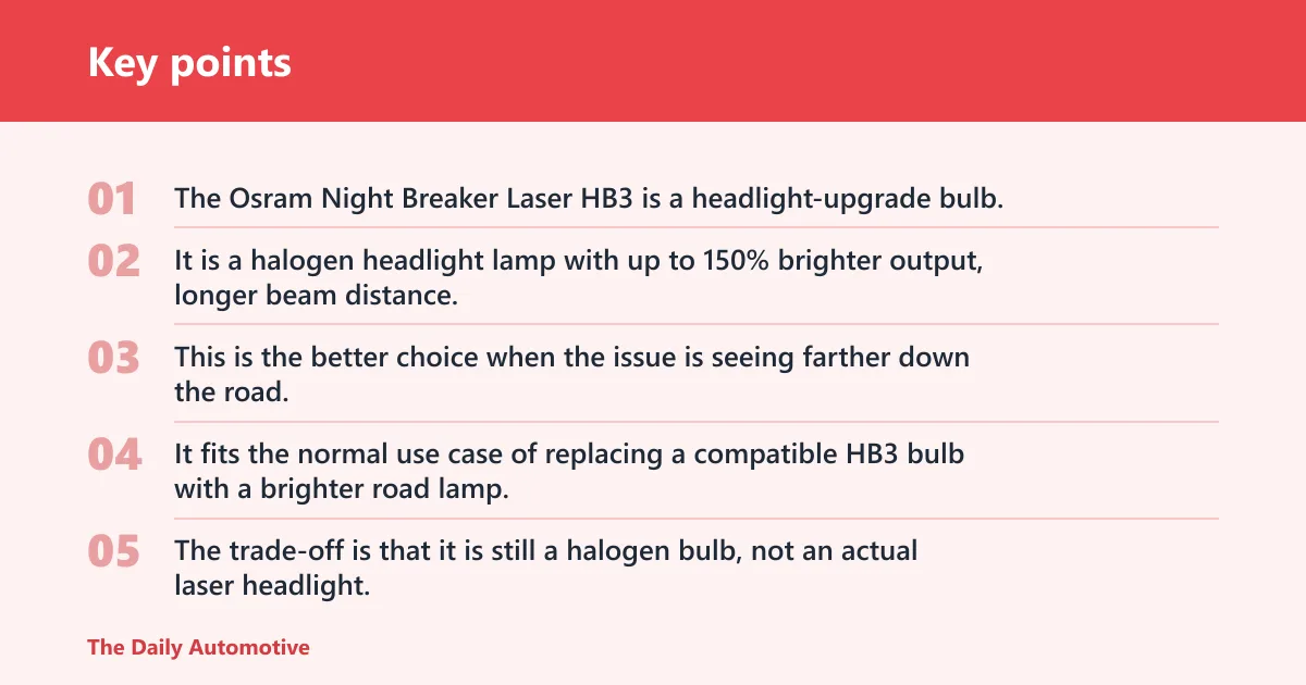 Key points: Osram Night Breaker Laser HB3: best for headlight upgrades