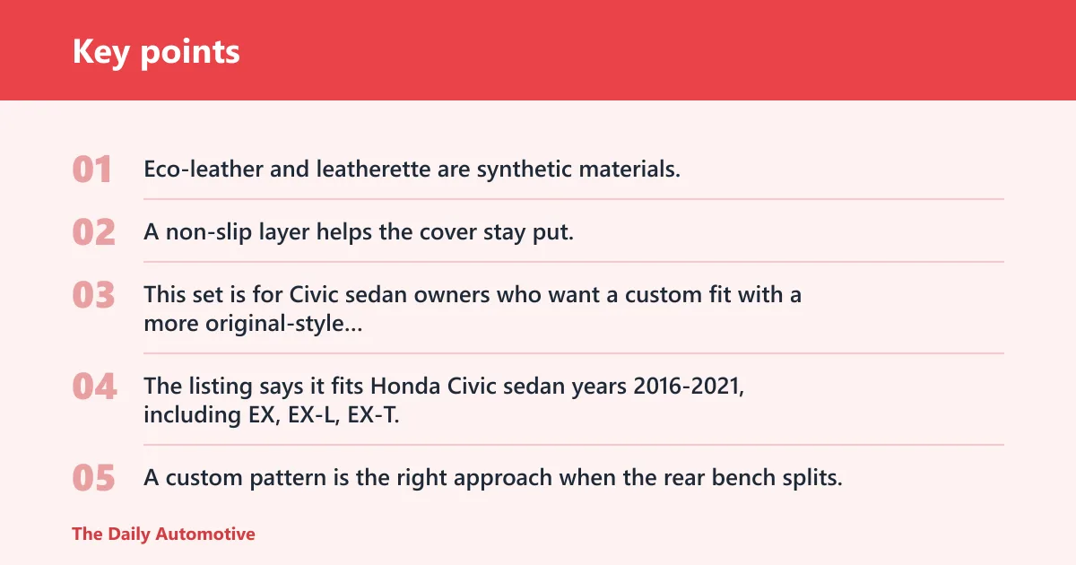 Key points: Custom-fit leatherette covers: best for OEM-style fit