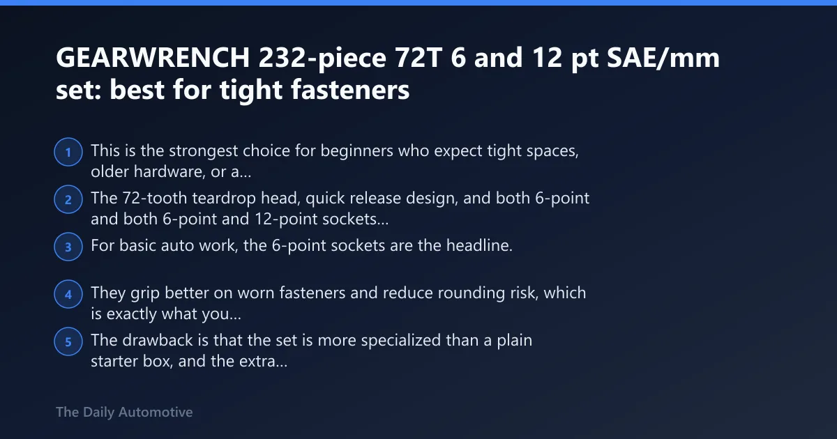 Steps: GEARWRENCH 232-piece 72T 6 and 12 pt SAE/mm set: best for tight fasteners