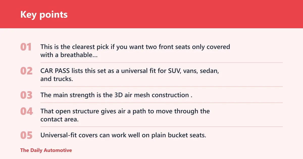 Key points: CAR PASS 3D Air Mesh Car Seat Covers: best for front seats on hot commutes