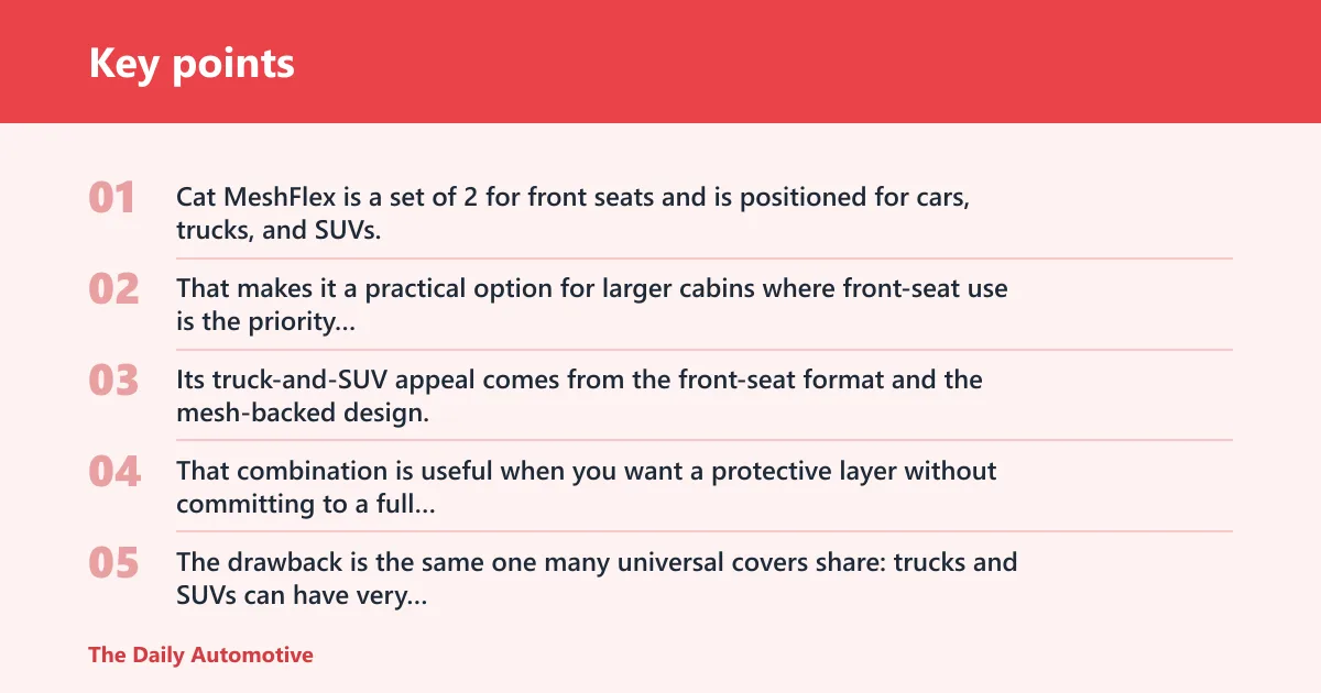 Key points: Cat MeshFlex Automotive Seat Covers: best for trucks and SUVs