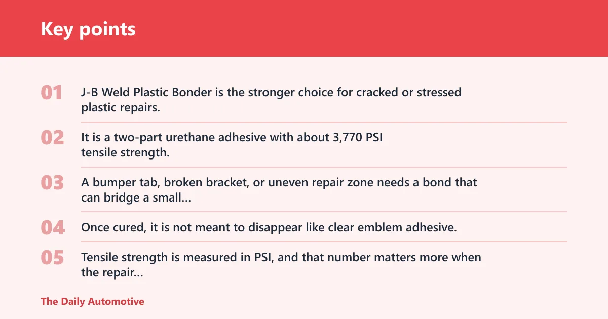 Key points: J-B Weld Plastic Bonder: best for stronger repairs