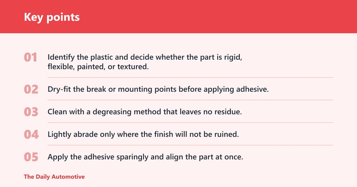Key points: How do I stop plastic glue from failing on car parts?