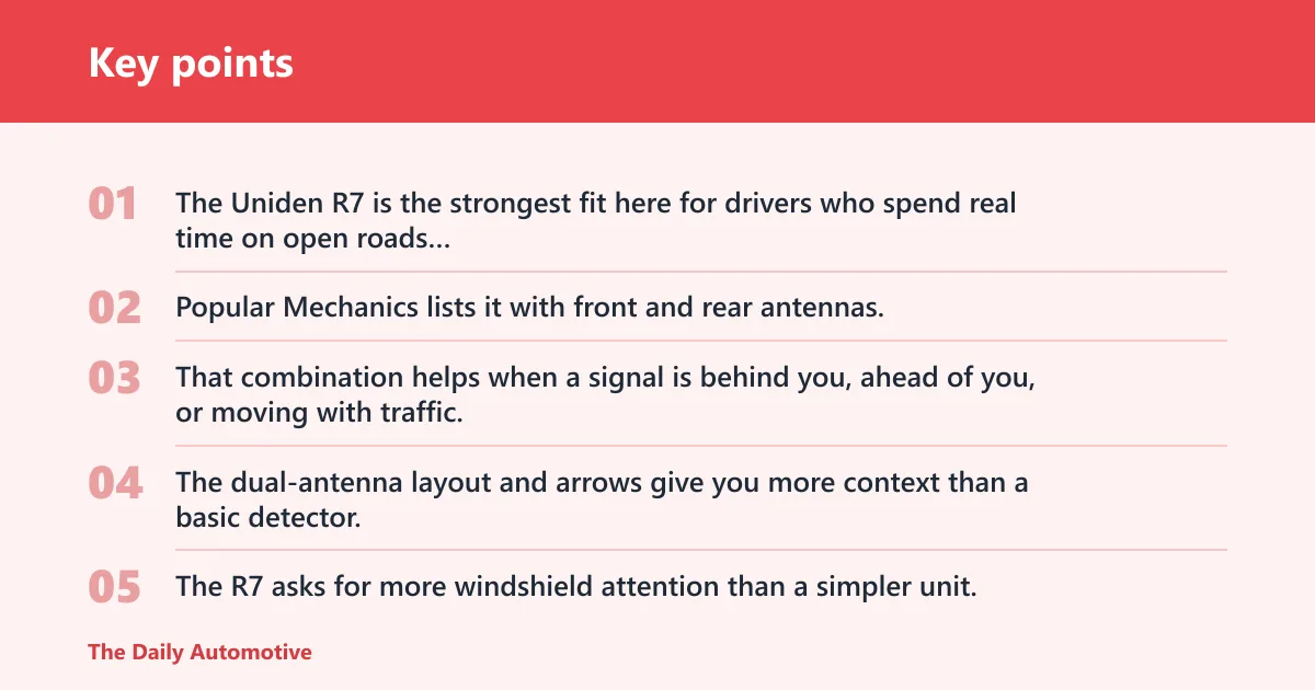 Key points: Uniden R7: best for long highway routes