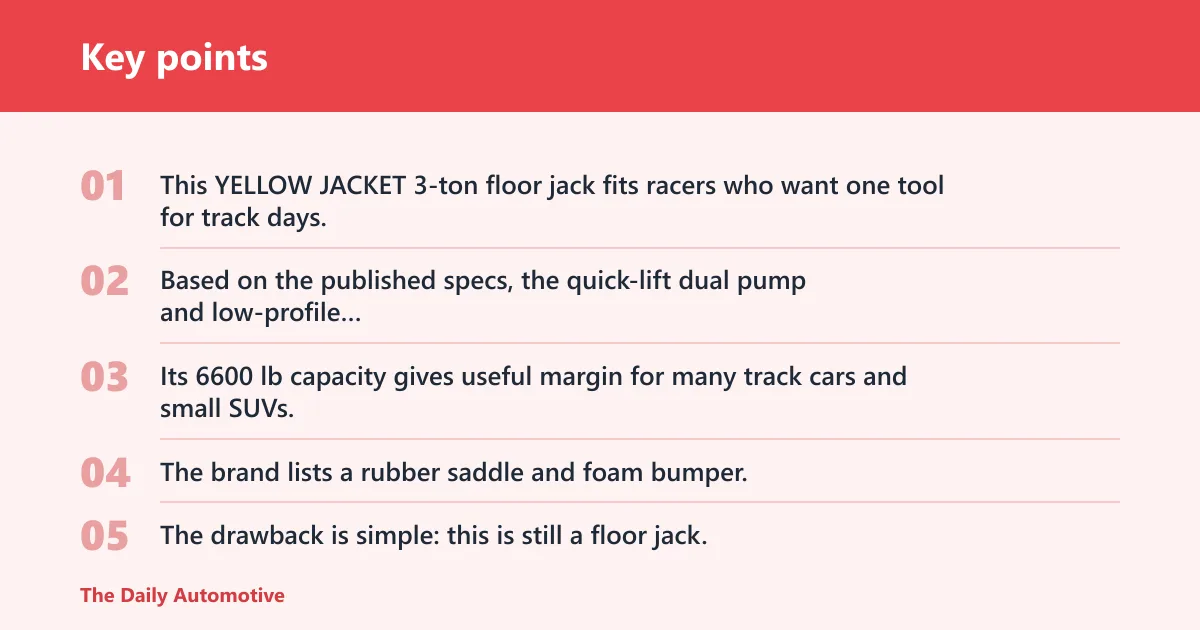 Key points: Low-profile floor jack: best for club racing