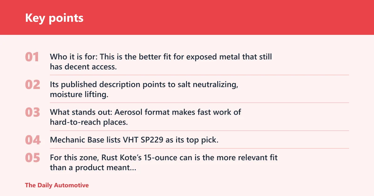 Key points: Rust Kote Rust Fighter Aerosol: best for seams and underbody touch-ups