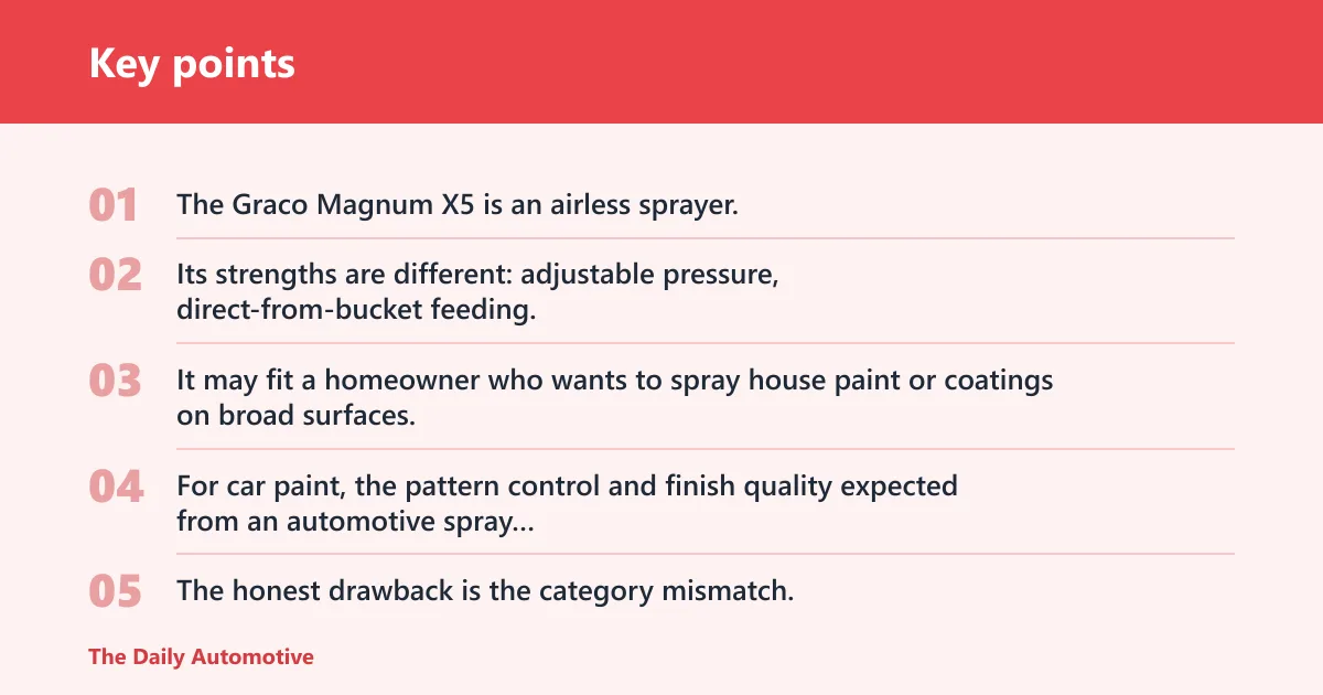 Key points: Graco Magnum X5: best for spraying large areas outside automotive finishing