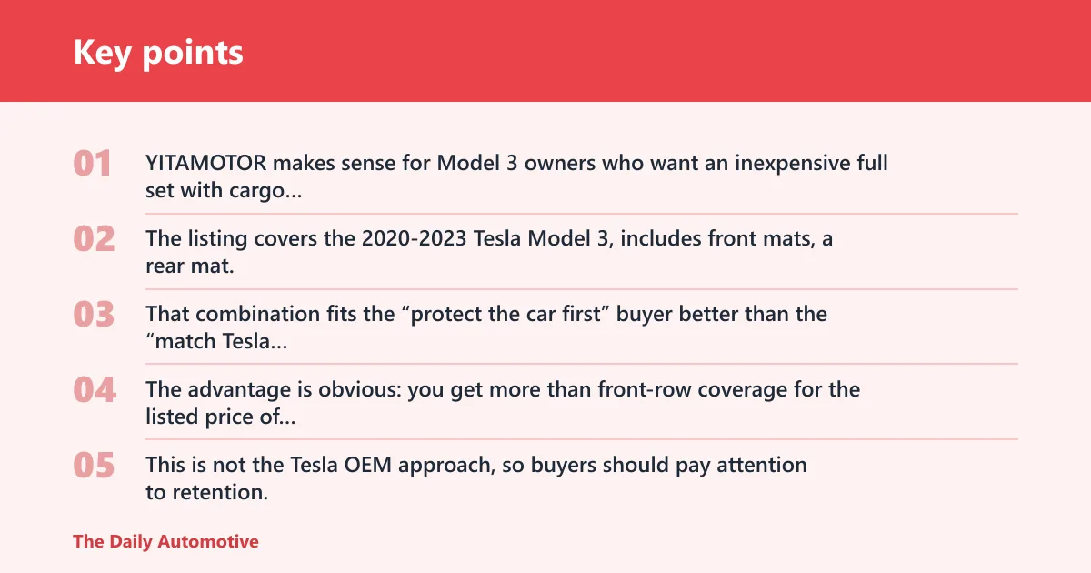 Key points: YITAMOTOR: best for Model 3 budget coverage