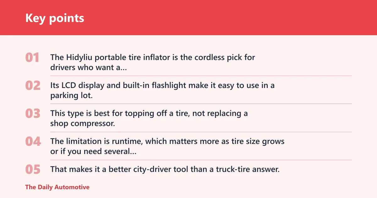 Key points: Hidyliu portable tire inflator: best for grab-and-go use