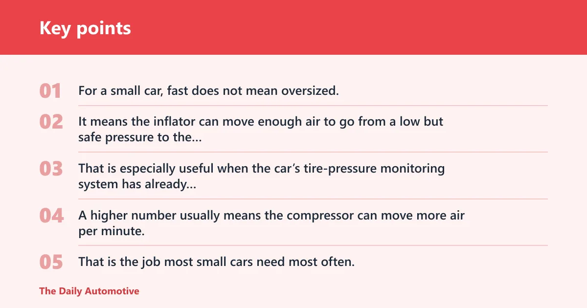 Key points: High-airflow inflator: best for faster top-offs