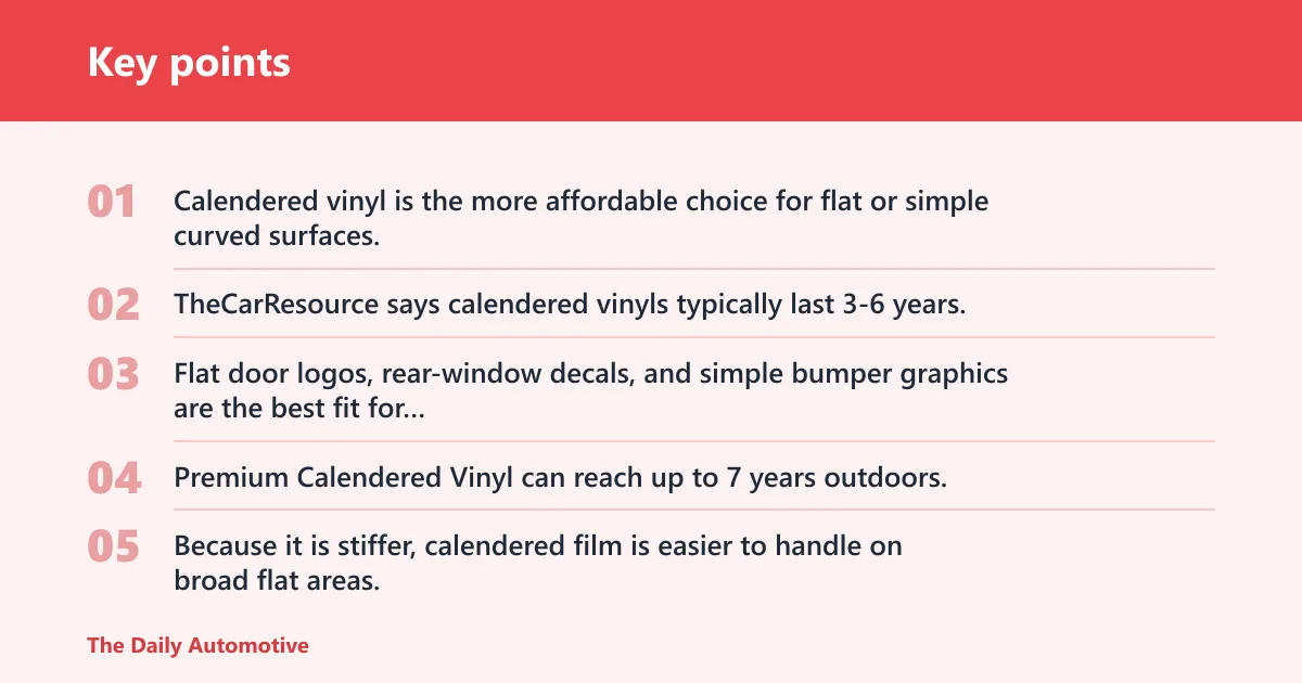 Key points: Calendered vinyl: best for flat, budget decals
