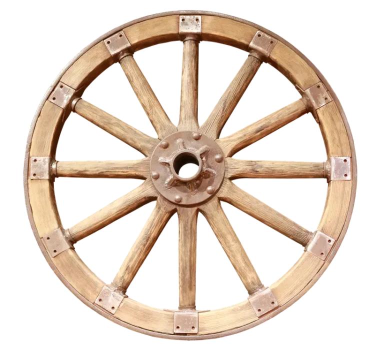 Three old-car wheel styles beside a classic coupe in natural daylight