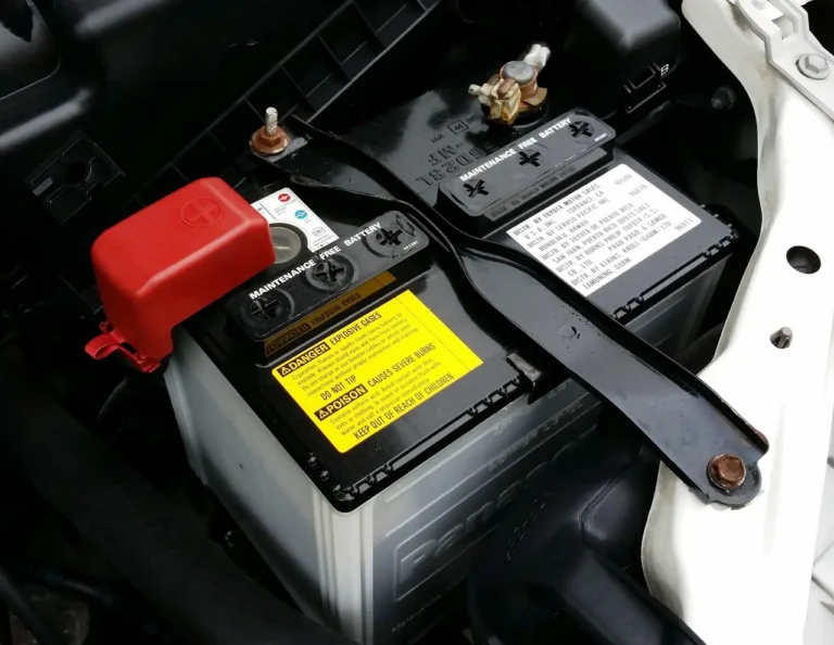 BMW sedan with open hood while a mechanic uses a diagnostic tablet near the battery area
