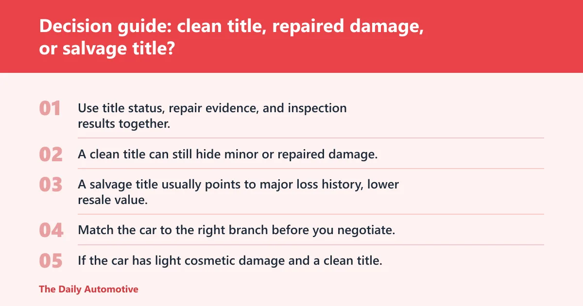 Steps: Decision guide: clean title, repaired damage, or salvage title?
