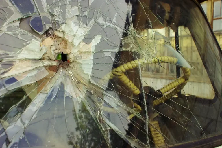 A car owner examines a cracked windshield beside a parked sedan in daylight.