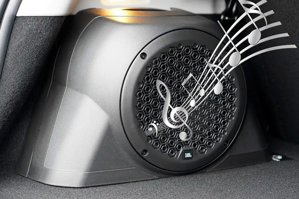 Car sound technology interior with dashboard speakers and cabin layout in natural light