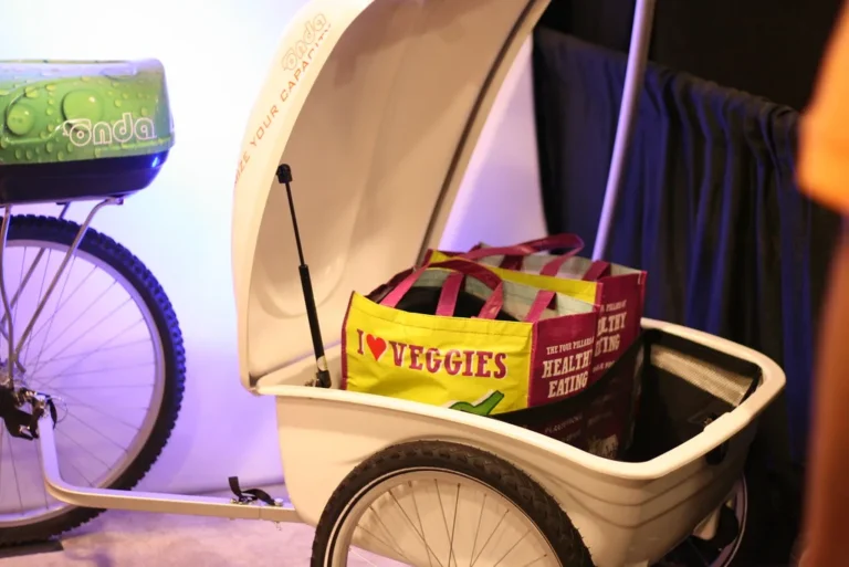 Open SUV trunk with a cargo organizer and cargo net holding groceries and gear