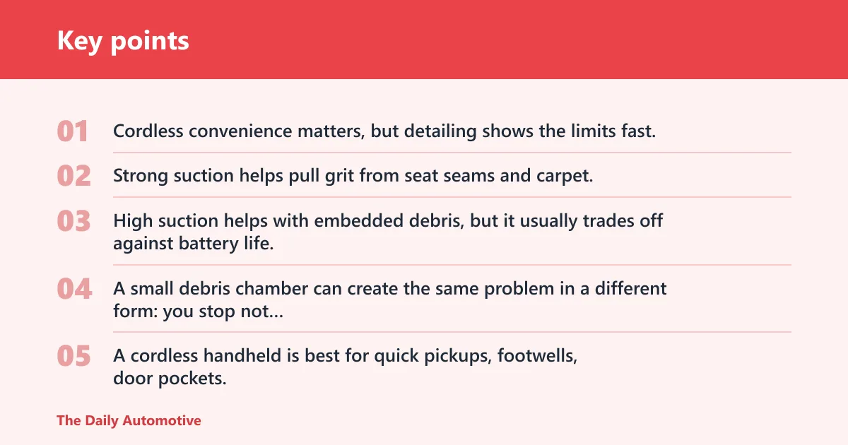 Key points: Cordless car vacuums: the real trade-off