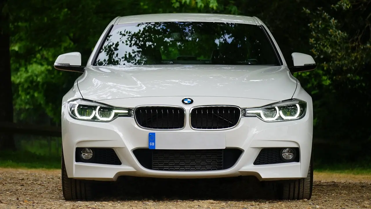 Buyer beside a new car holding paperwork and checking a dealer tag and temporary registration