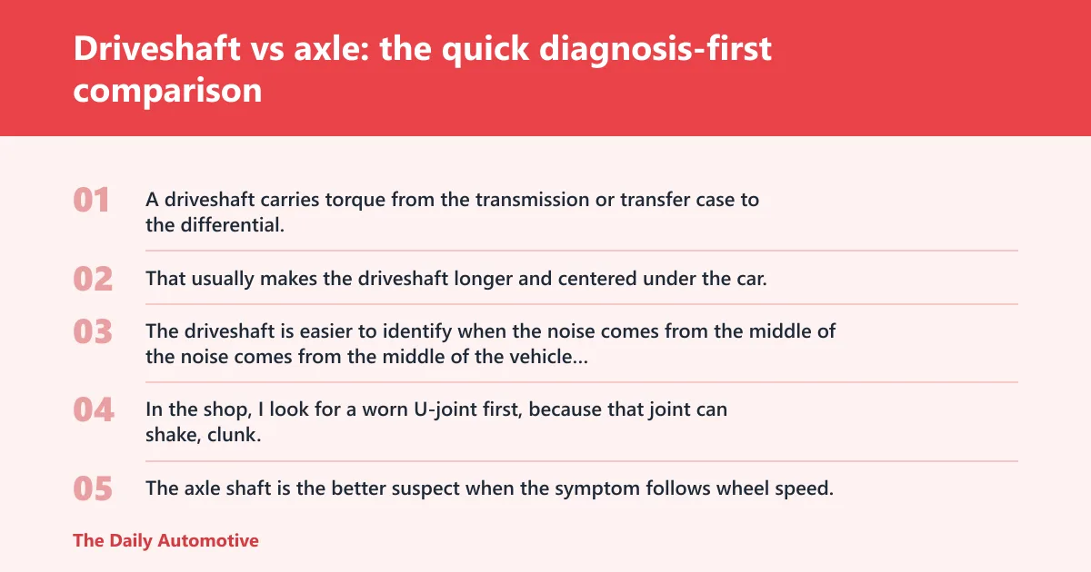 Steps: Driveshaft vs axle: the quick diagnosis-first comparison