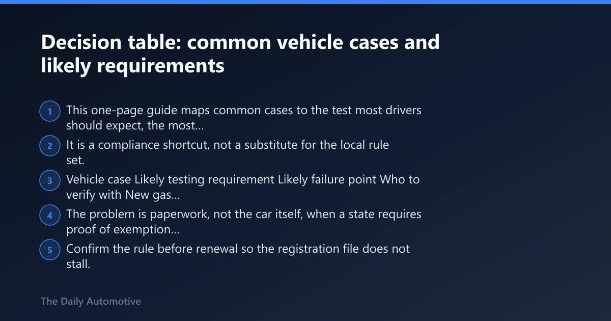 Steps: Decision table: common vehicle cases and likely requirements