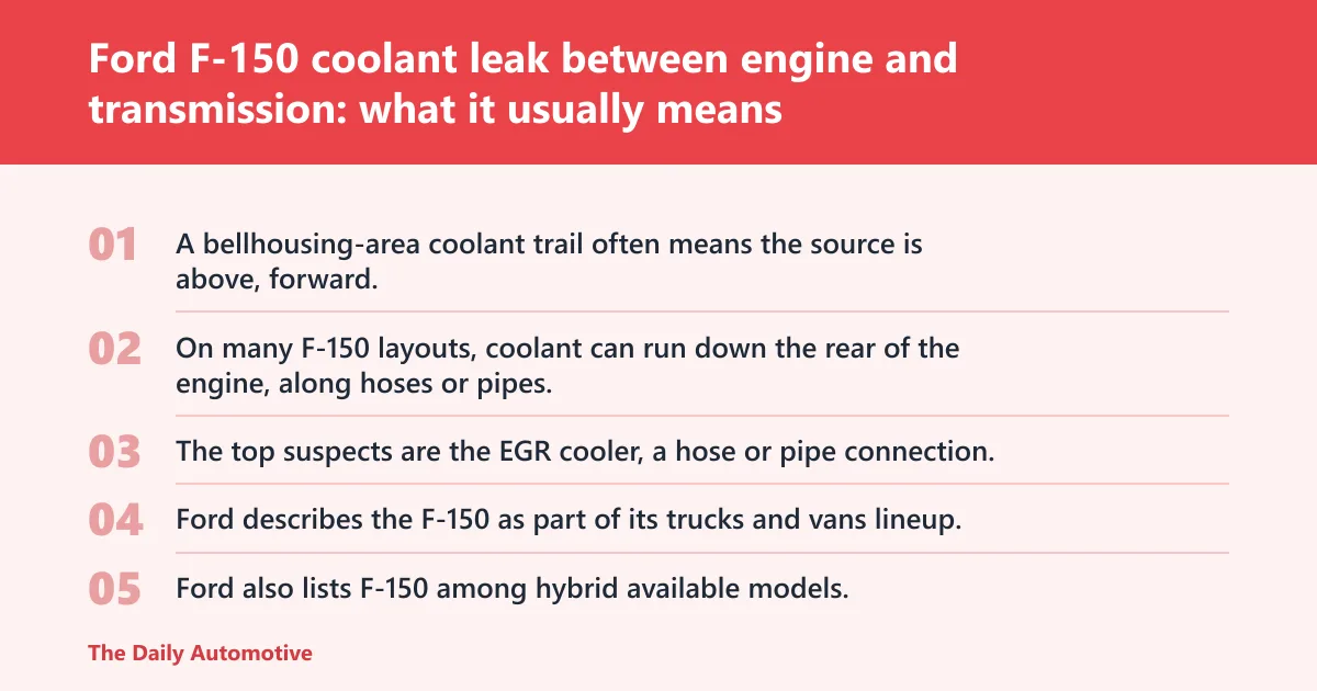 Steps: Ford F-150 coolant leak between engine and transmission: what it usually means