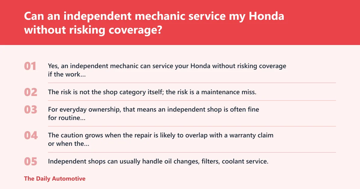 Steps: Can an independent mechanic service my Honda without risking coverage?