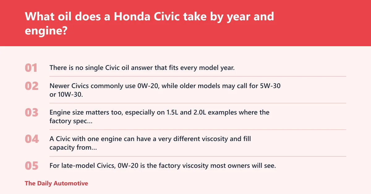 Steps: What oil does a Honda Civic take by year and engine?