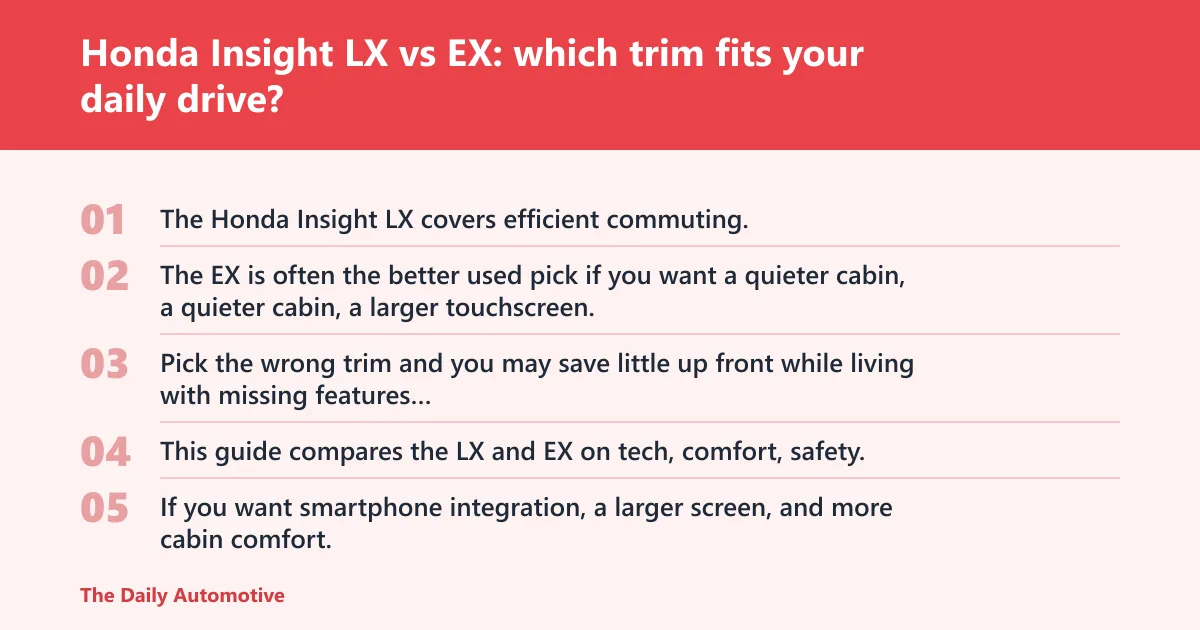 Steps: Honda Insight LX vs EX: which trim fits your daily drive?