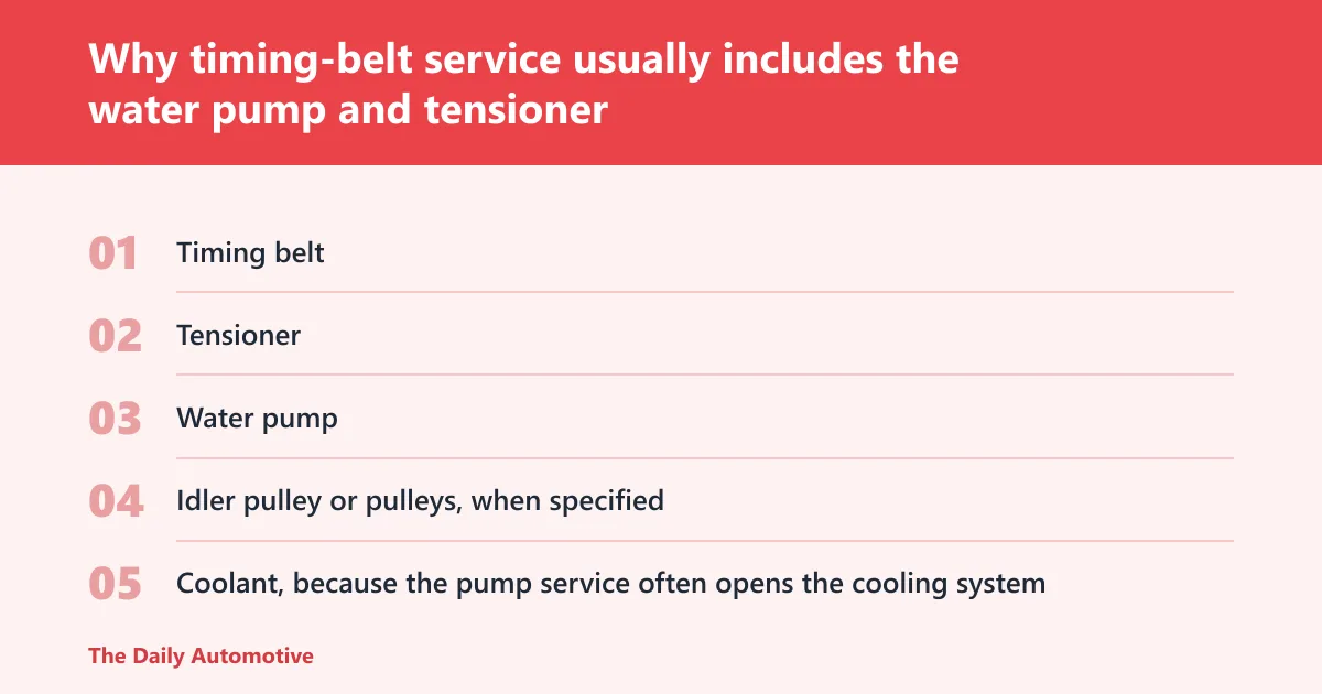 Steps: Why timing-belt service usually includes the water pump and tensioner