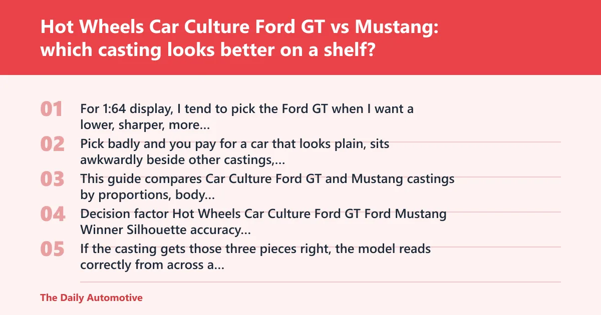 Steps: Hot Wheels Car Culture Ford GT vs Mustang: which casting looks better on a shelf?