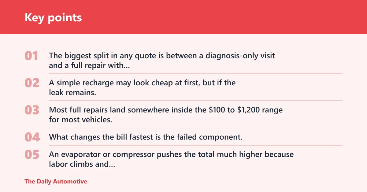 Key points: Car AC leak cost breakdown