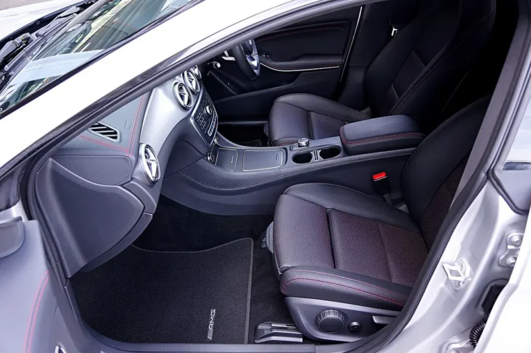 Car owner reviews leather seat care supplies beside a premium leather car interior.