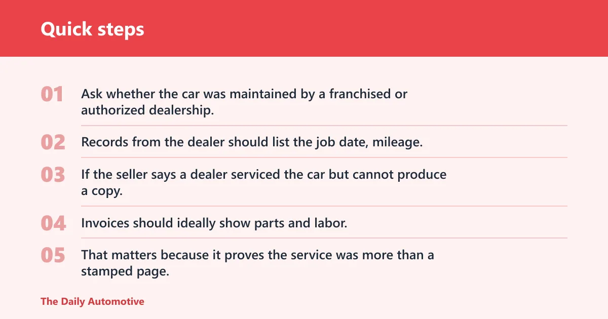 Quick steps: Check dealer records, invoices, and receipts next