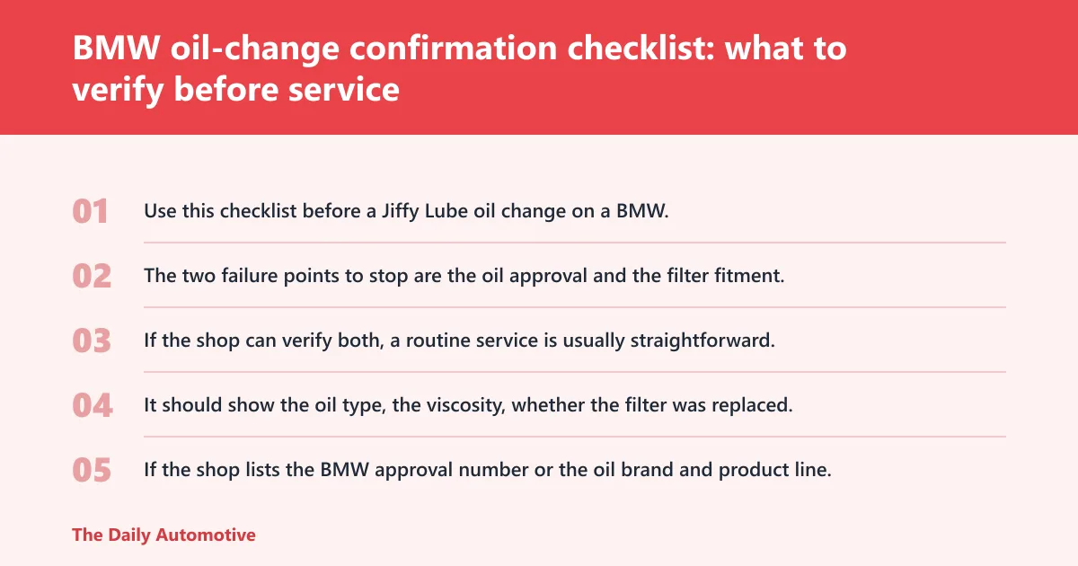 Steps: BMW oil-change confirmation checklist: what to verify before service