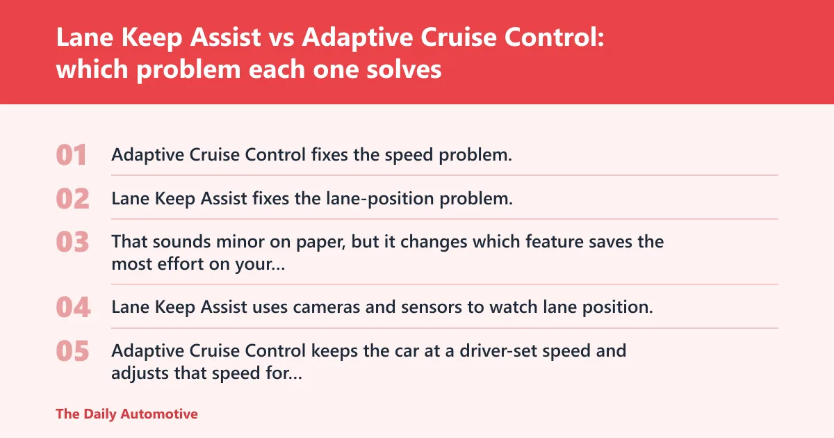 Steps: Lane Keep Assist vs Adaptive Cruise Control: which problem each one solves