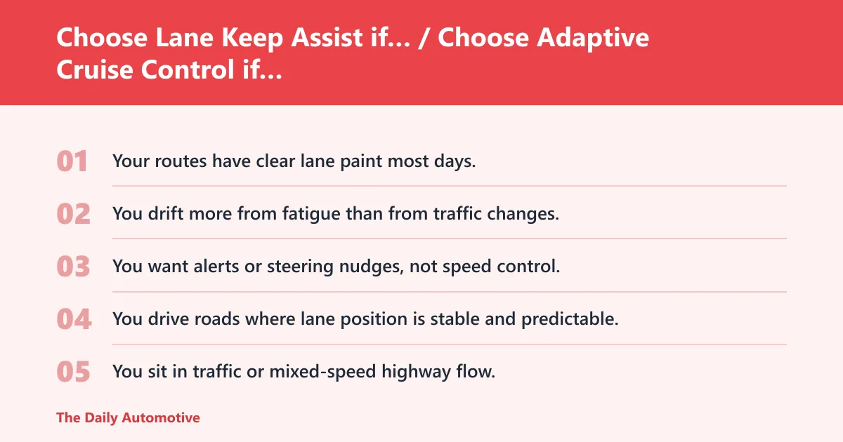 Steps: Choose Lane Keep Assist if… / Choose Adaptive Cruise Control if…