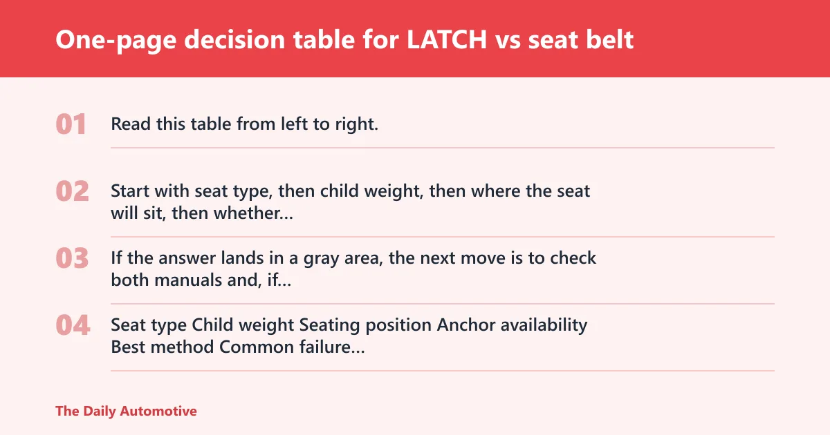 Steps: One-page decision table for LATCH vs seat belt