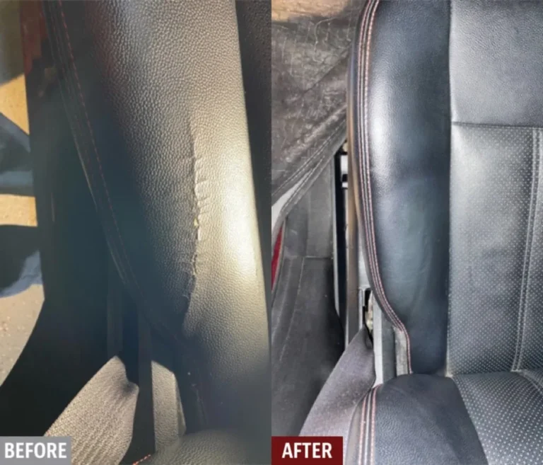Leather repair kit beside a worn car seat with a small scuff in natural light