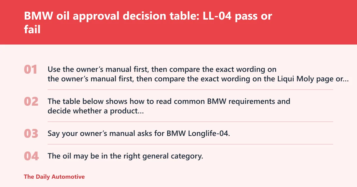 Steps: BMW oil approval decision table: LL-04 pass or fail